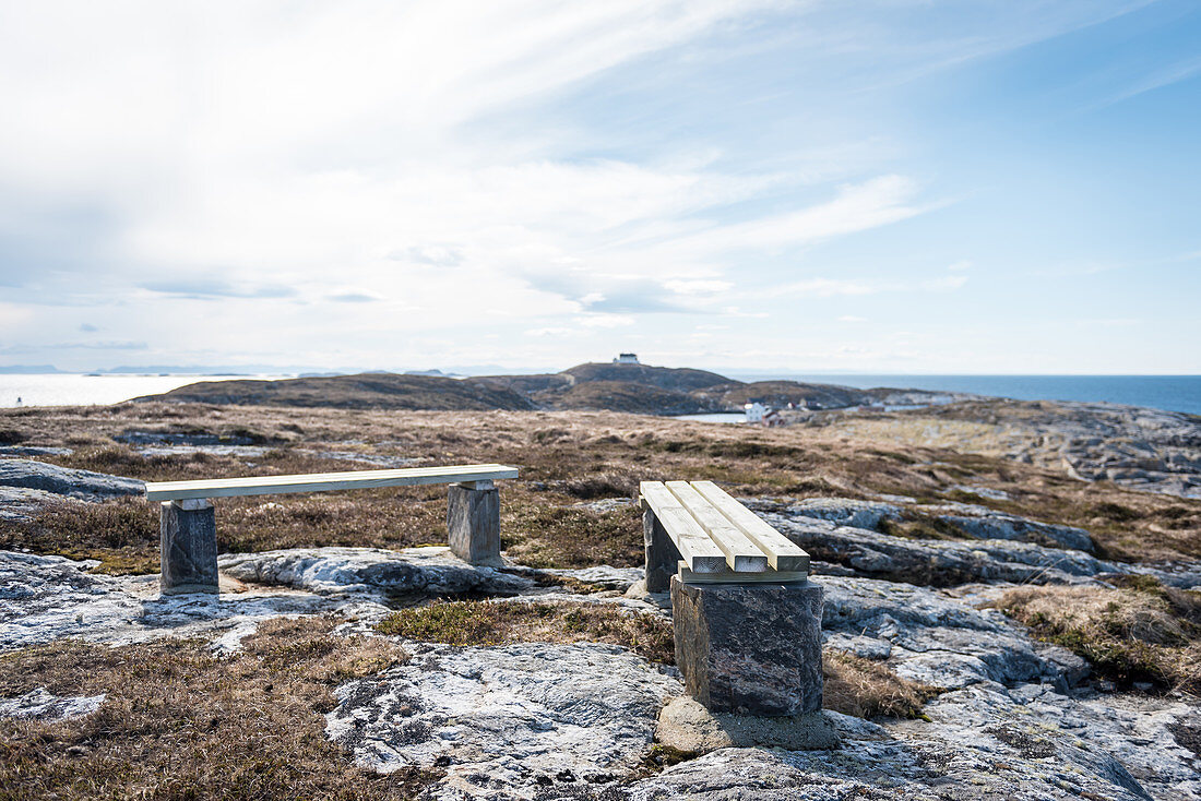 Benches on the island of Nordöyan, fishing village, Folda, Namdalen, Trondelag, Norway