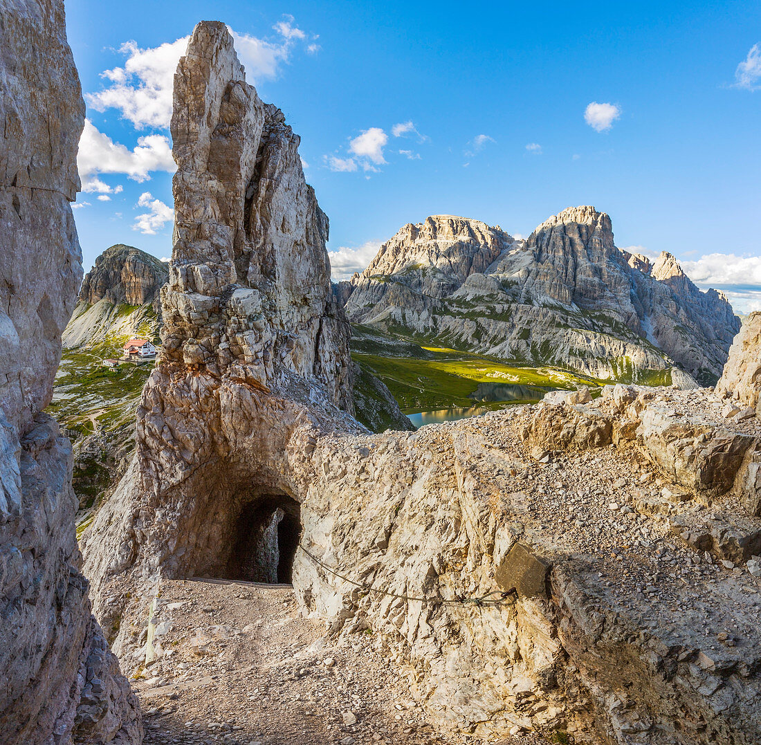 A stretch of paths of the Great War and Rifugio Locatelli, Dobbiaco, Bolzano, Trentino Alto Adige, Italy, Western Europe