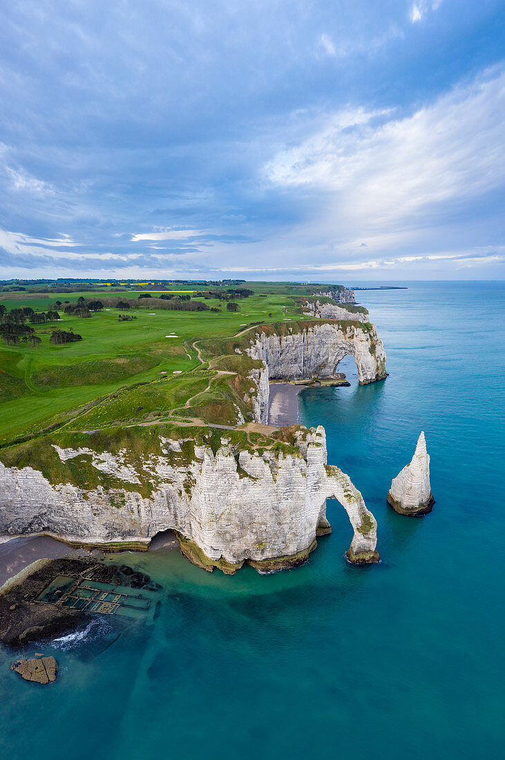 Aerial view of the cliffs of Etretat, Octeville sur Mer, Le Havre, Seine Maritime, Normandy, France, Western Europe.