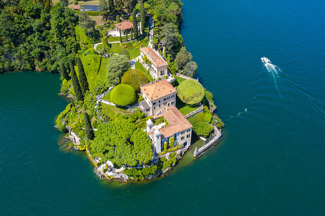 Aerial view of the Villa del Balbianello, on the Lavedo peninsula. Lenno, Tremezzina, Como Lake, Lombardy, Italy.