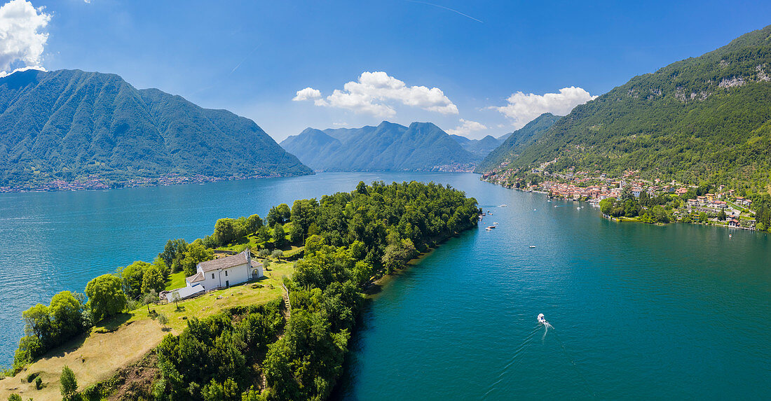 Aerial view of the Isola Comacina, Ossuccio, Tremezzina, Como Lake, Lombardy, Italy.