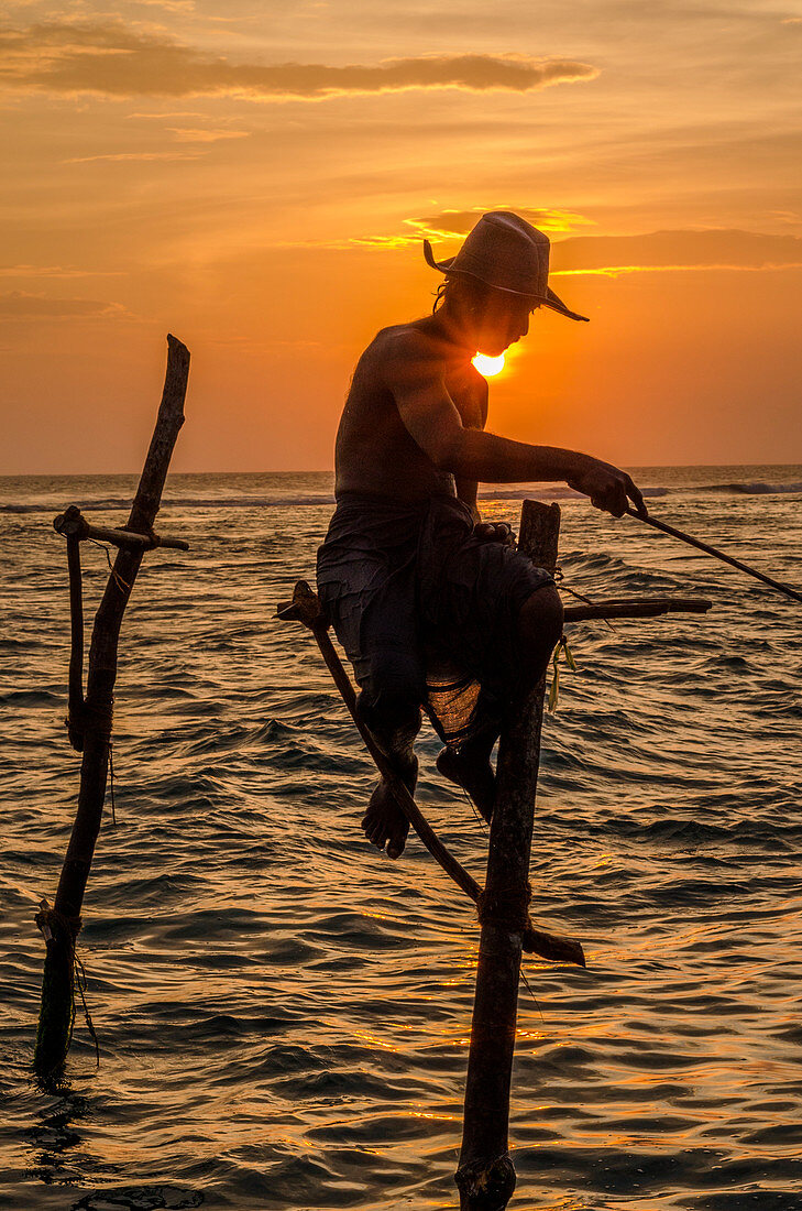 Weligama, Matara District, Southern Province, Sri Lanka, Southern Asia. A Stilk Fisherman at sunset. Now abandoned in favor of more efficient contemporary forms of fishing, sitting on these stilts has been for centuries the most common way to catch fish on the shores of South Sri Lanka.