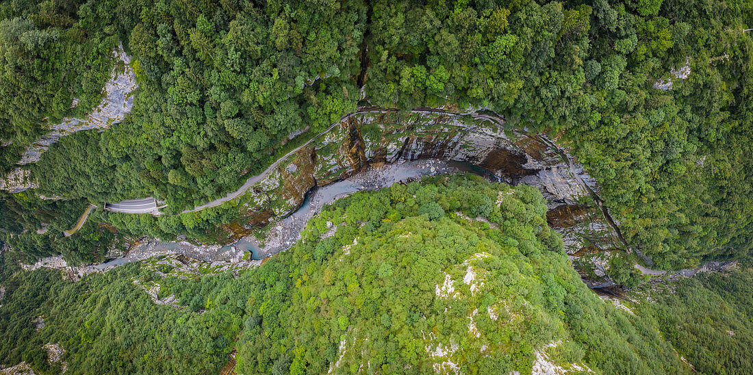 Aerial view of the old road of Via Mala di Scalve, Dezzo di Scalve, Val di Scalve, Bergamo province, Lombardy, Italy.