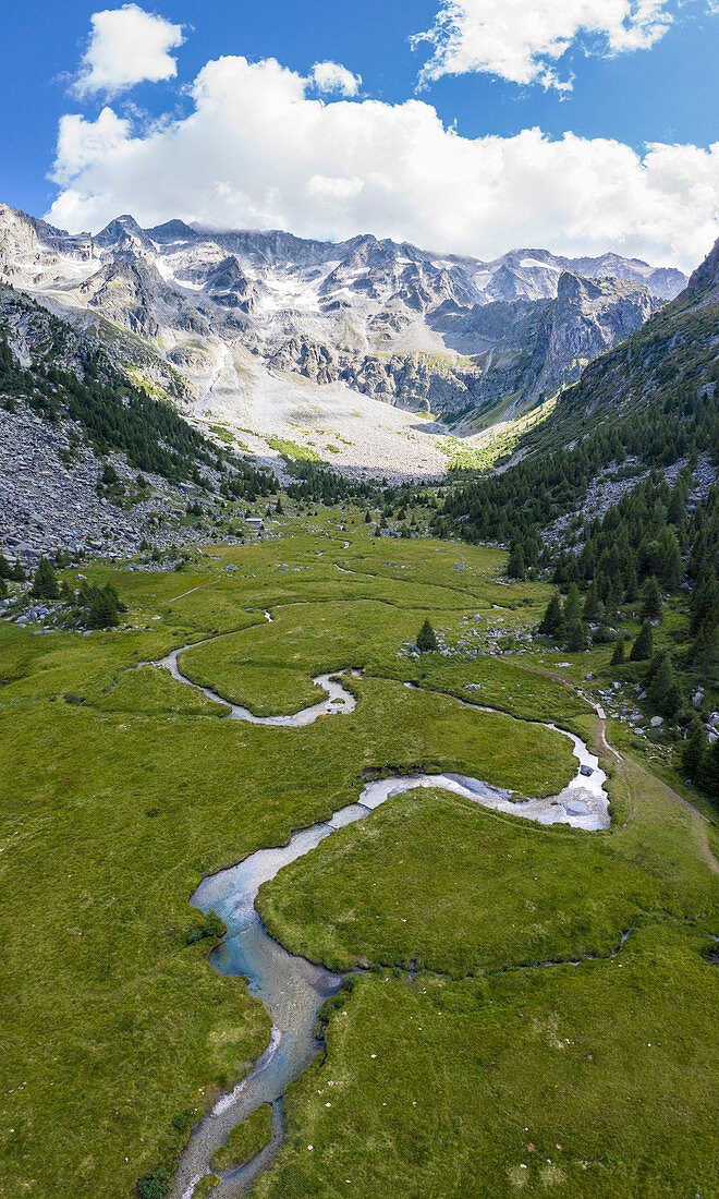 Aerial view of the torrent Aviolo and it's valley in Adamello park. Edolo, Brescia province, Italy, Europe.