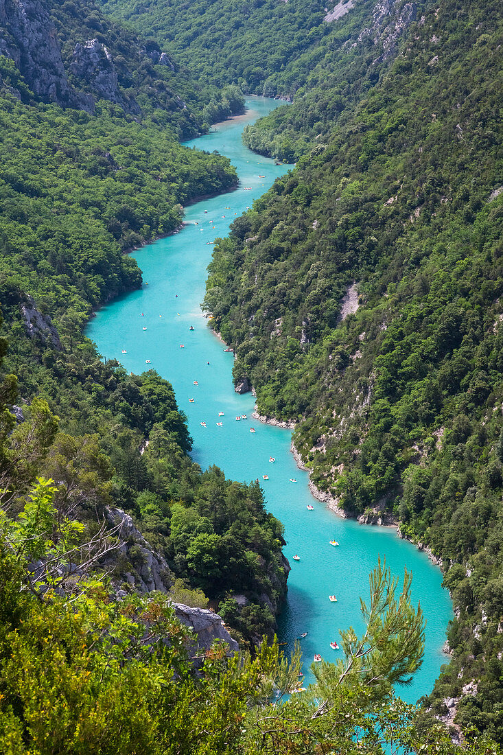 Kleine Boote auf dem Fluss Verdon in de Verdonschlucht, La Palud-sur-Verdon, Alpes-de-Haute-Provence, Provence-Alpes-Côte d'Azur, Frankreich, Europa