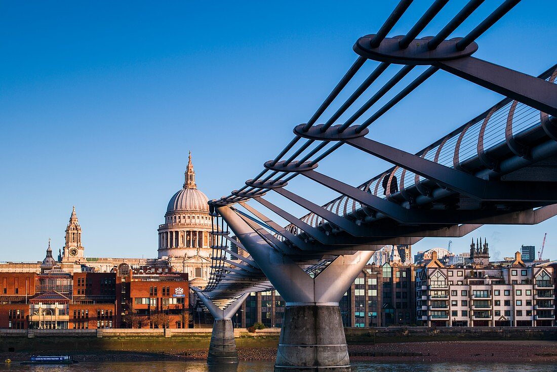 England, London, Southbank, Millenium Bridge and St Paul's Cathedral, dawn