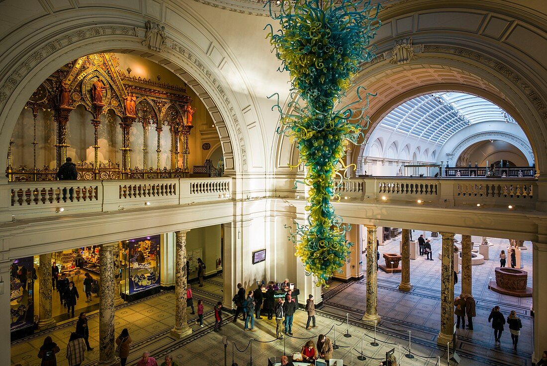 England, London, South Kensington, The Victoria and Albert Museum, main entrance, elevated view, glass sculpture by Dale Chihuly