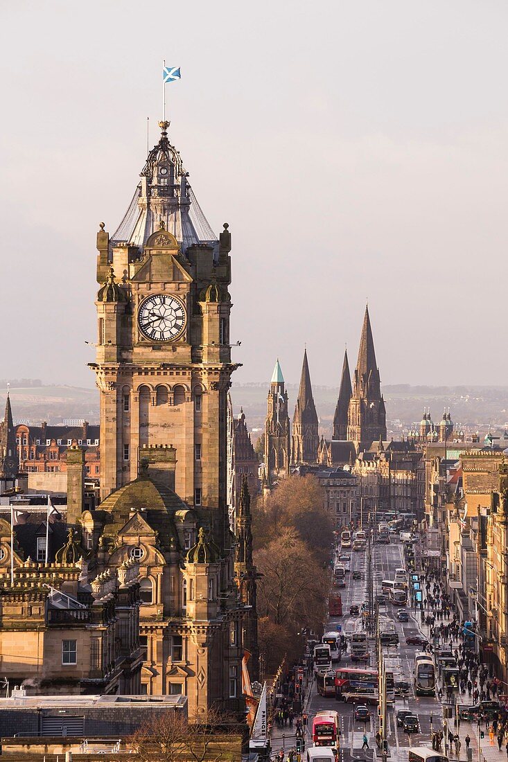 United Kingdom, Scotland, Edinburgh, listed as World Heritage, the Balmoral hotel and the Princes Street from Calton Hill