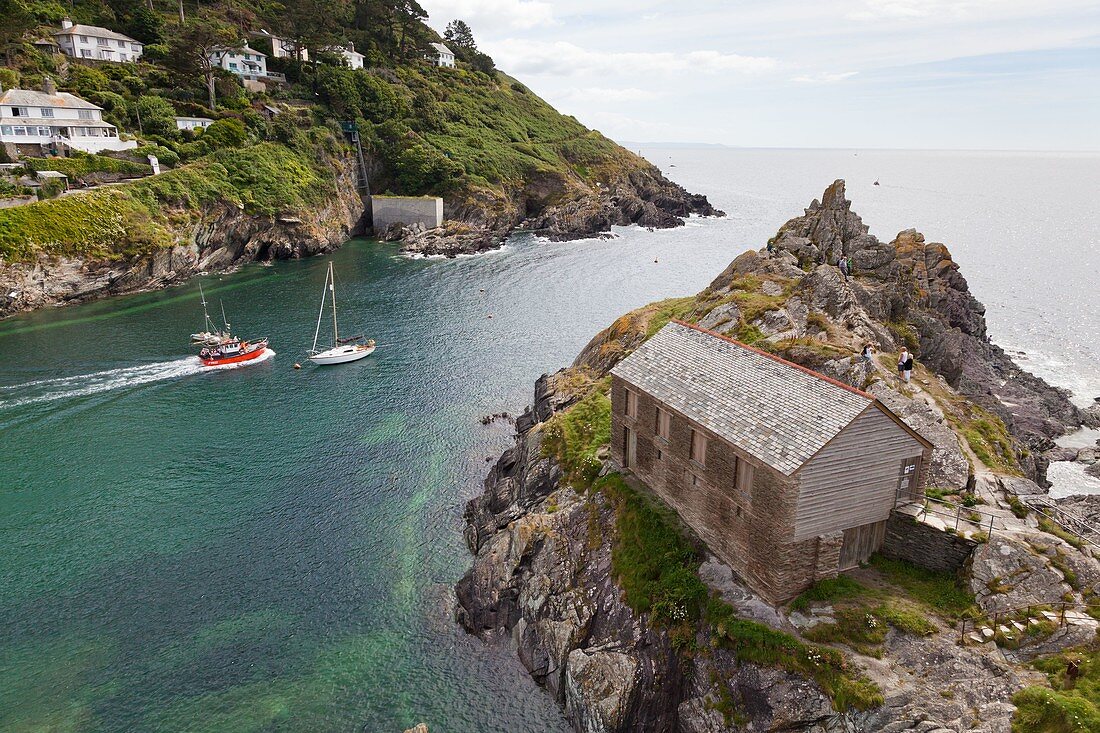 United Kingdom, Cornwall, Polperro, Peak Rock and The Net Loft, Polperro National Trust Heritage Site