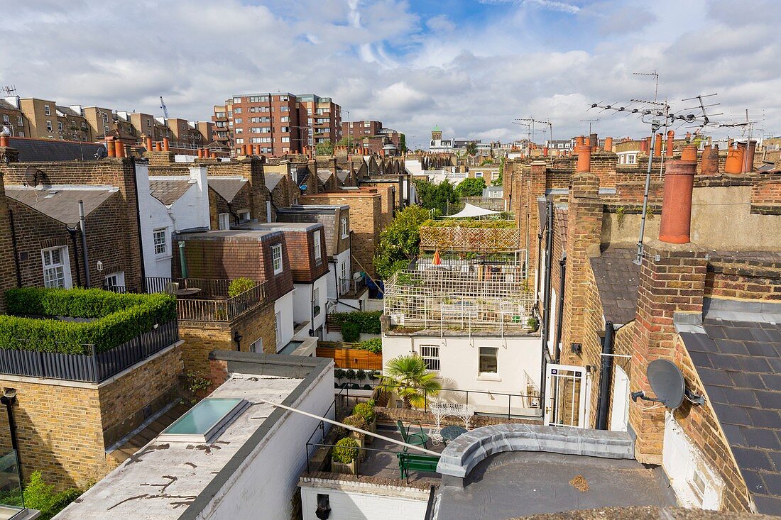 United Kingdom, London, Kensington district close to Notting Hill, roofs townhouses with outdoor patios upstairs