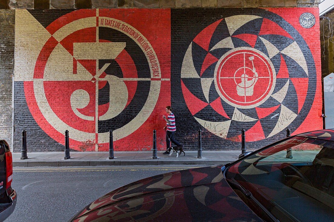 United Kingdom, London, Shoreditch district mural It takes millions of sedation by Shepard Fairey