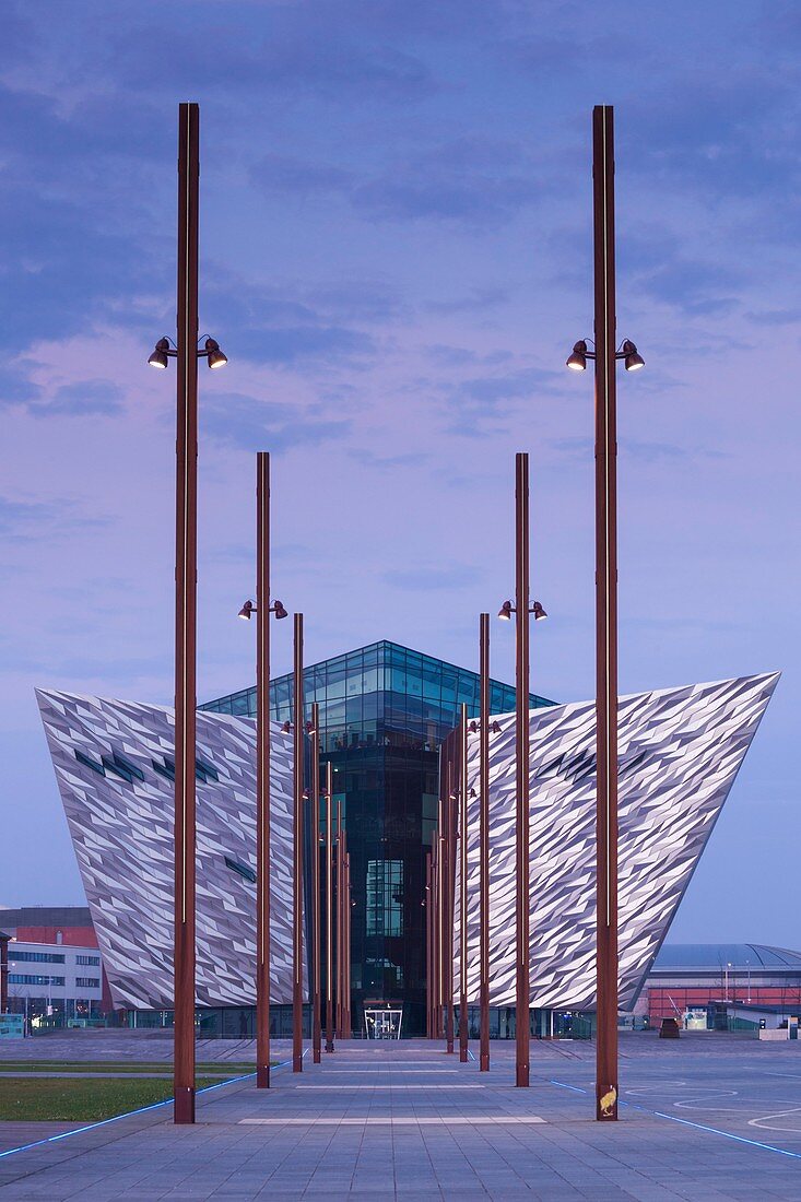 United Kingdom, Northern Ireland, Belfast, Belfast Docklands, Titanic Belfast Museum, exterior, dawn