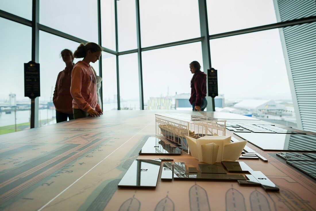 United Kingdom, Northern Ireland, Belfast, Belfast Docklands, Titanic Belfast Museum, model of museum and Titanic