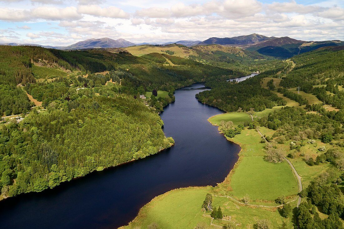 United Kingdom, Scotland, Highlands Pertshire, Perth and Kinross, Pitlochry, Loch Tummel at the Queen's View (aerial view)