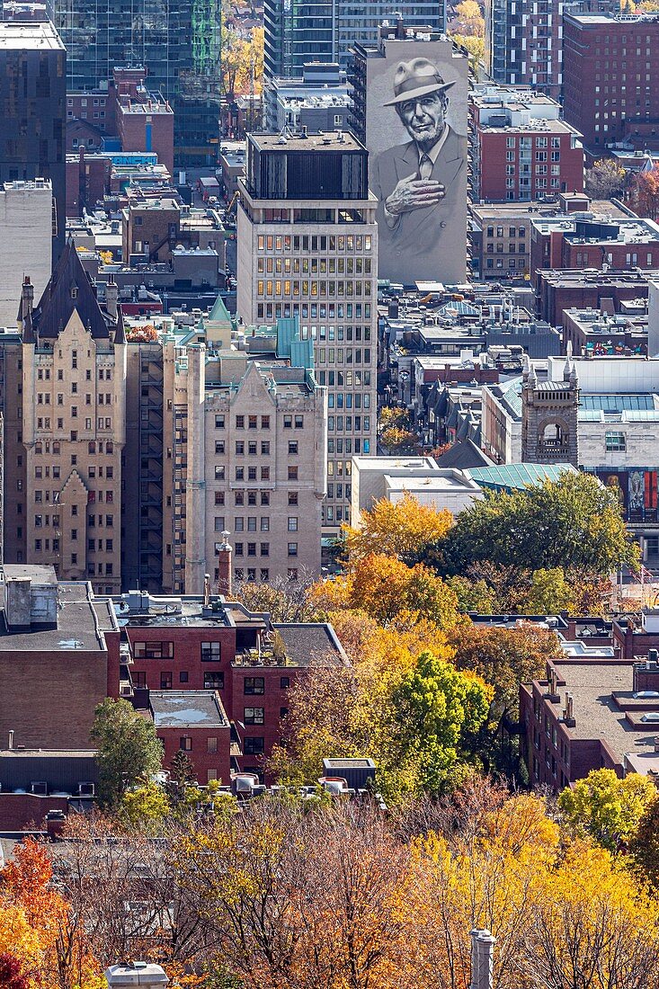 Herbstliche Farben im Park Mont-Royal und Blick auf den Geschäftsbezirk, Wandbild von Leonard Cohen, Stadt Montreal, Quebec, Kanada