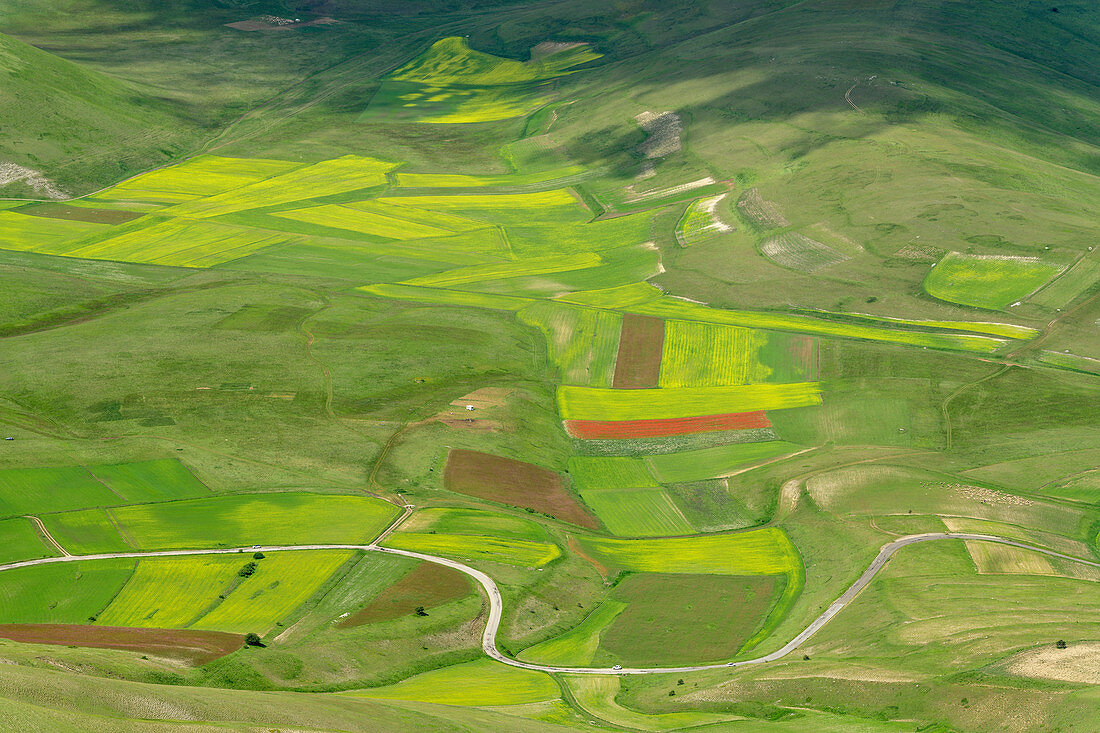 View of fields in the valley floor of Castelluccio, Sibillini Mountains, Monti Sibillini, National Park Monti Sibillini, Parco nazionale dei Monti Sibillini, Apennines, Marche, Umbria, Italy