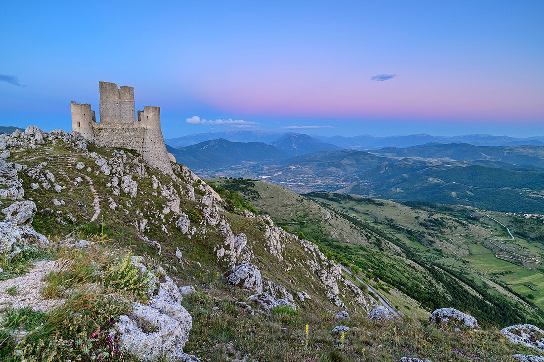 Medieval castle Rocca Calascio at the blue hour, Rocca Calascio, Gran Sasso National Park, Parco nazionale Gran Sasso, Apennines, Abruzzo, Italy