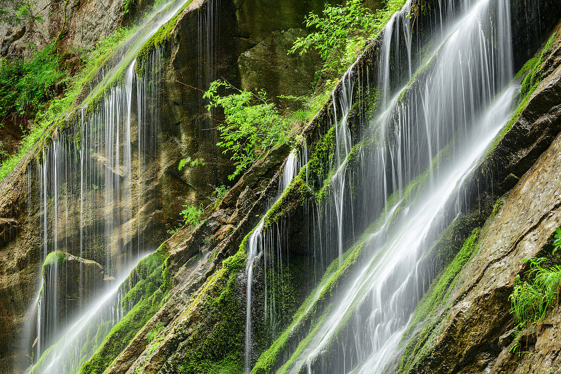 Water flows down over mossy rocks, Wimbachklamm, Berchtesgaden Alps, Berchtesgaden, Berchtesgaden National Park, Upper Bavaria, Bavaria, Germany