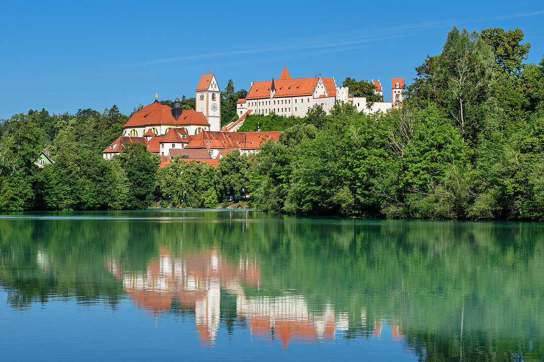 Füssen is reflected in the Lech, Füssen, Swabia, Bavaria, Germany