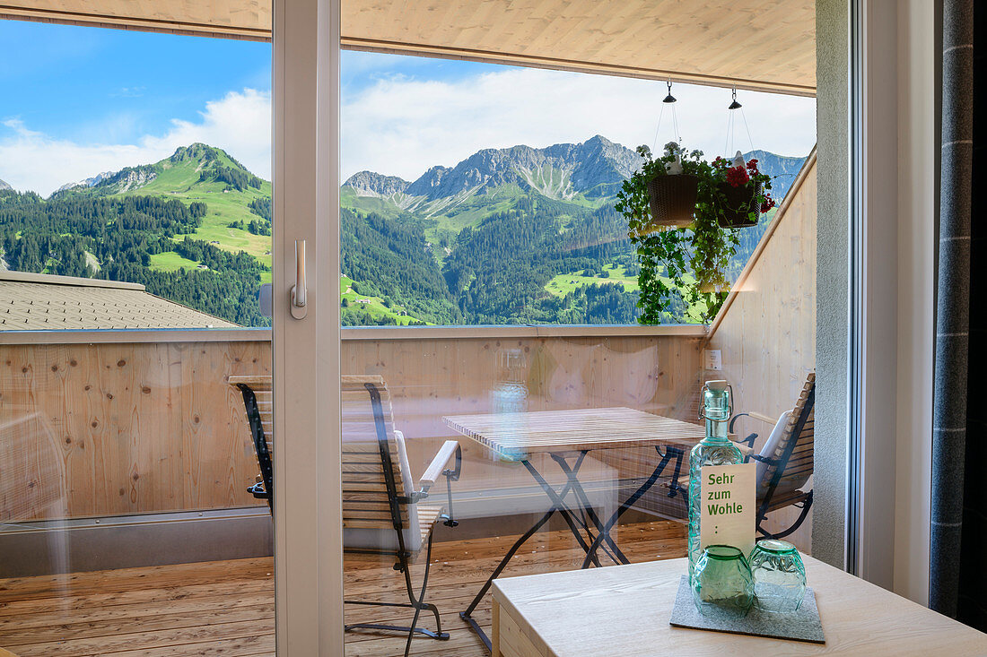 Panoramic window and balcony, Sunday, Großes Walsertal Biosphere Reserve, Bregenz Forest Mountains, Bregenzerwald, Vorarlberg, Austria