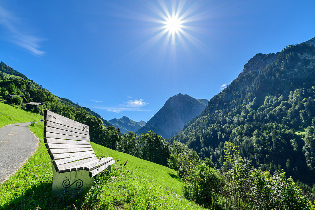 Aussichtsbank mit Blick auf Lechquellengebirge, Biosphärenreservat Großes Walsertal, Bregenzerwaldgebirge, Bregenzerwald, Vorarlberg, Österreich