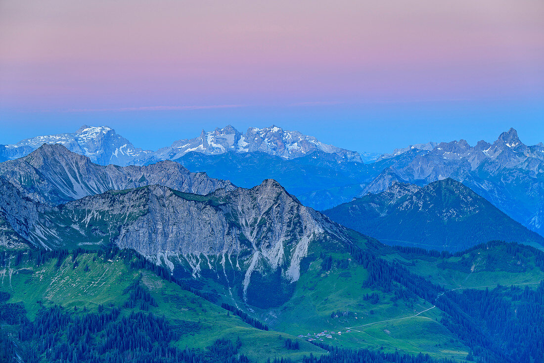 View of Rätikon with Sulzfluh, Drusenfluh and Zimba at the blue hour, from the Zafernhorn, Großes Walsertal Biosphere Reserve, Bregenzerwald Mountains, Bregenzerwald, Vorarlberg, Austria