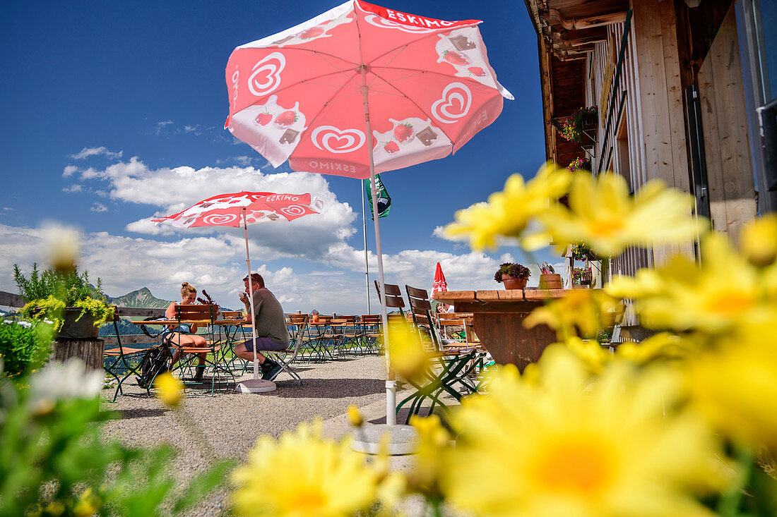 Guests sit on the sun terrace of the Alpe Oberpartnun, floral decorations in the foreground, Großes Walsertal Biosphere Reserve, Lechquellen Mountains, Vorarlberg, Austria