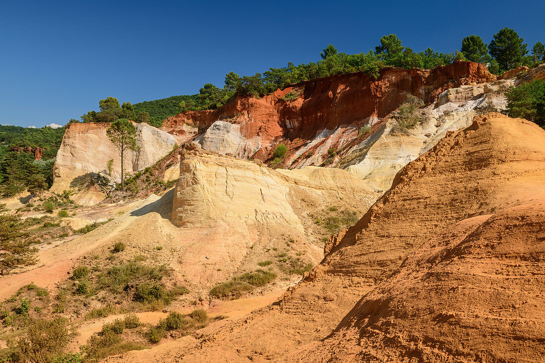 Ocher rocks in a former ocher quarry, Colorado Provencal, near Rustrel, Luberon Nature Park, Vaucluse, Provence-Alpes-Cote d´Azur, France
