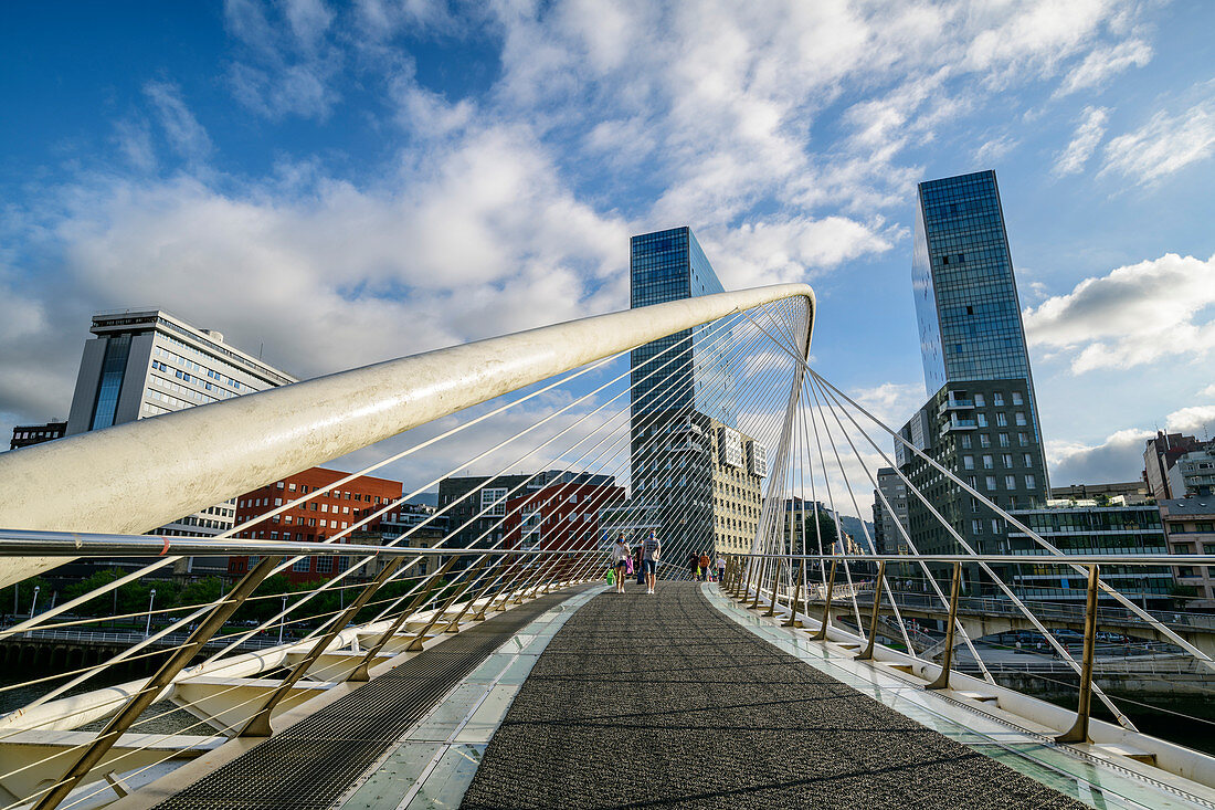 Zubizuri footbridge over Nervion river, architect Santiago Calatrava, Bilbao, Basque Country, Spain