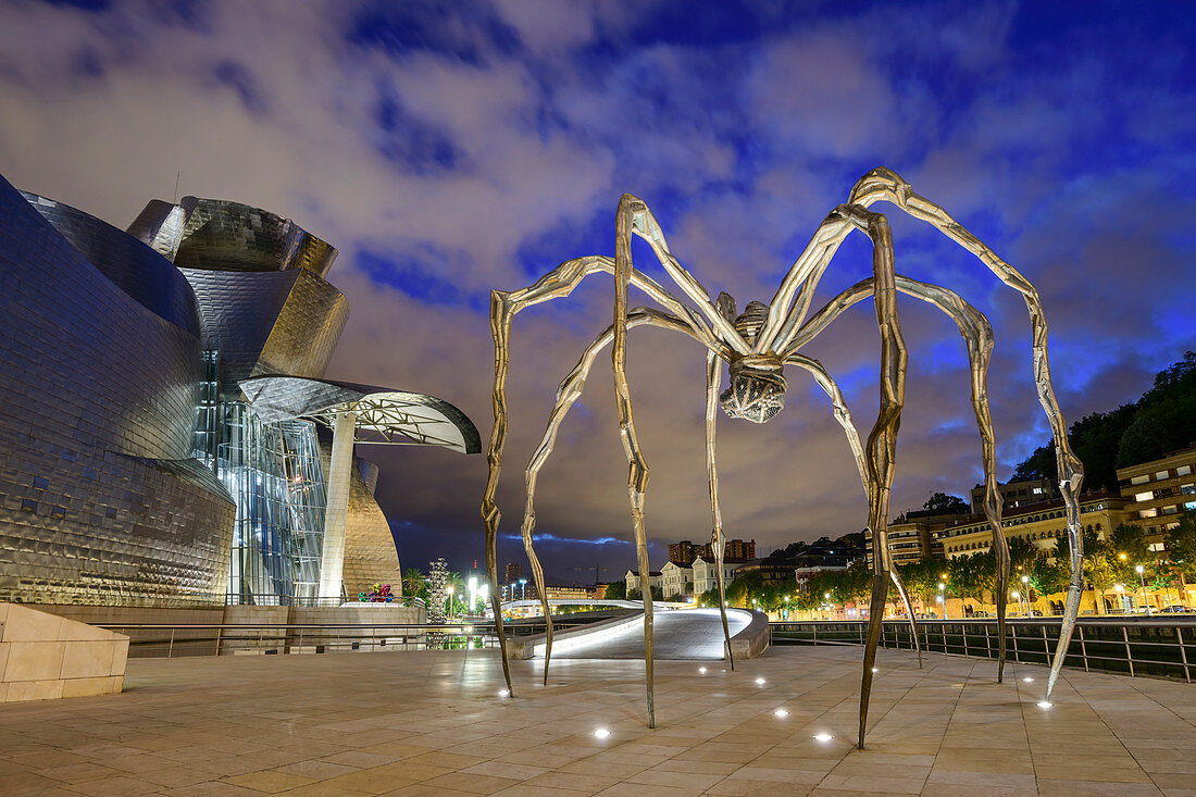 Illuminated Guggenheim Museum, architect Frank O. Gehry, with sculpture Spider, artist Louise Bourgeois, Bilbao, Basque Country, Spain