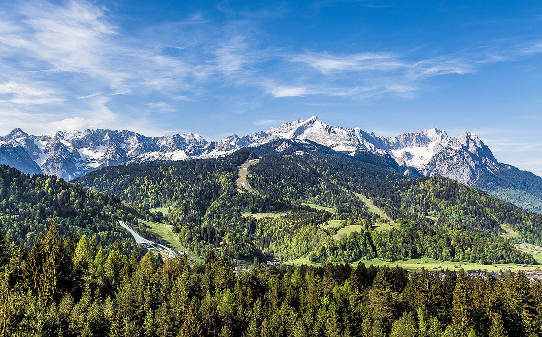 Garmisch-Partenkirchen panorama with Alpspitze and Zugspitze Bavaria Germany