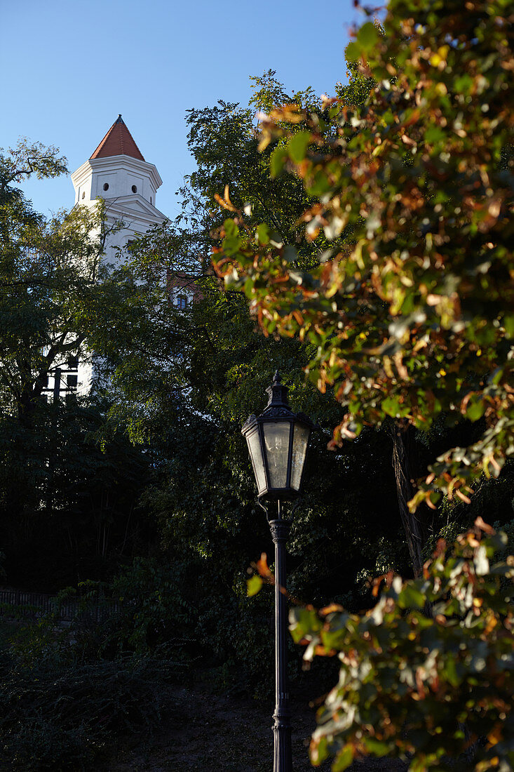 Bratislava Castle in the evening light as seen from the park, Bratislava, Slovakia.