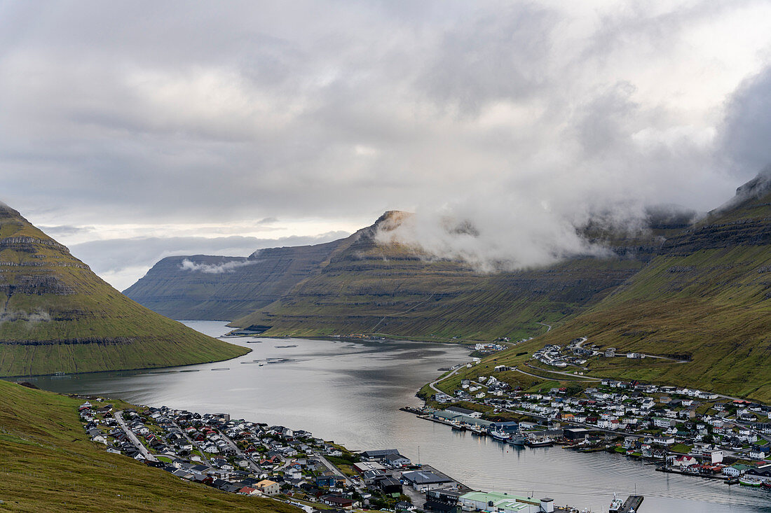 Top view of the town and fjord of Klaksvík, Faroe Islands.