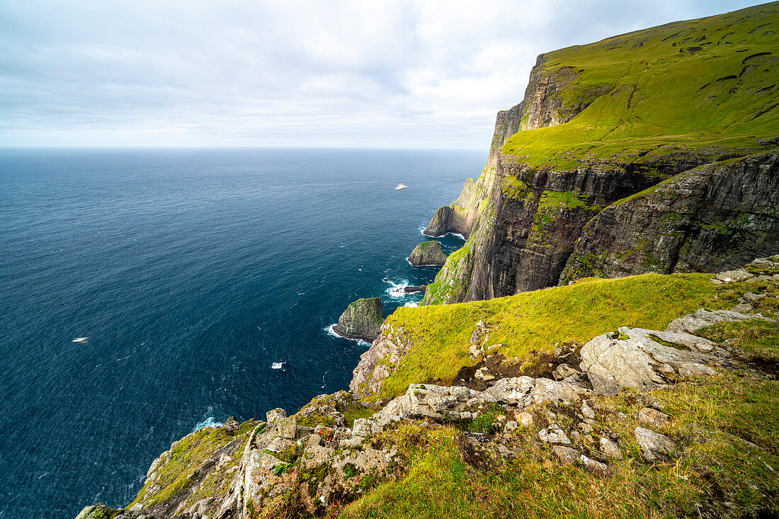 Steep coast in the Faroe Islands on a calm late summer day.