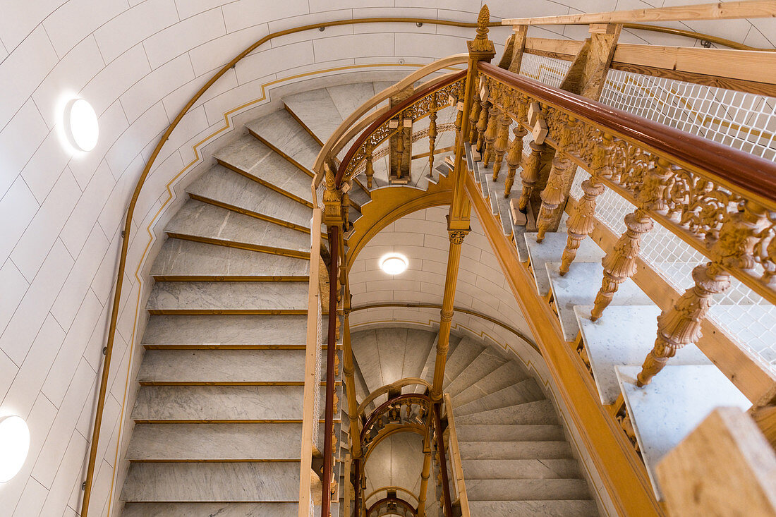 Staircase in Schwerin Castle made of marble with carved wooden parapet, Mecklenburg-Western Pomerania, Germany