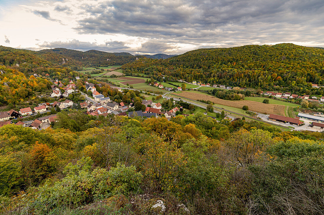 View from Prinz Rupprecht Pavilion on Streitberg in autumn in the evening light, Upper Franconia, Bavaria, Germany