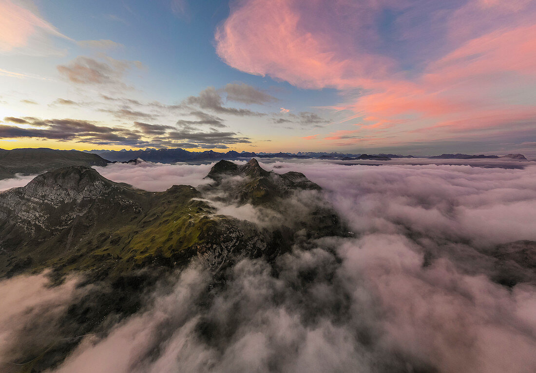 Pfaffeneck and Pöngertlekopf mountain in morning fog, Vorarlberg, Austria