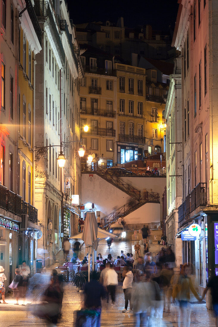 A nightview of a street in Baixa Neighborhood, Lisbon, Lisbon Metropolitan Area, Portugal