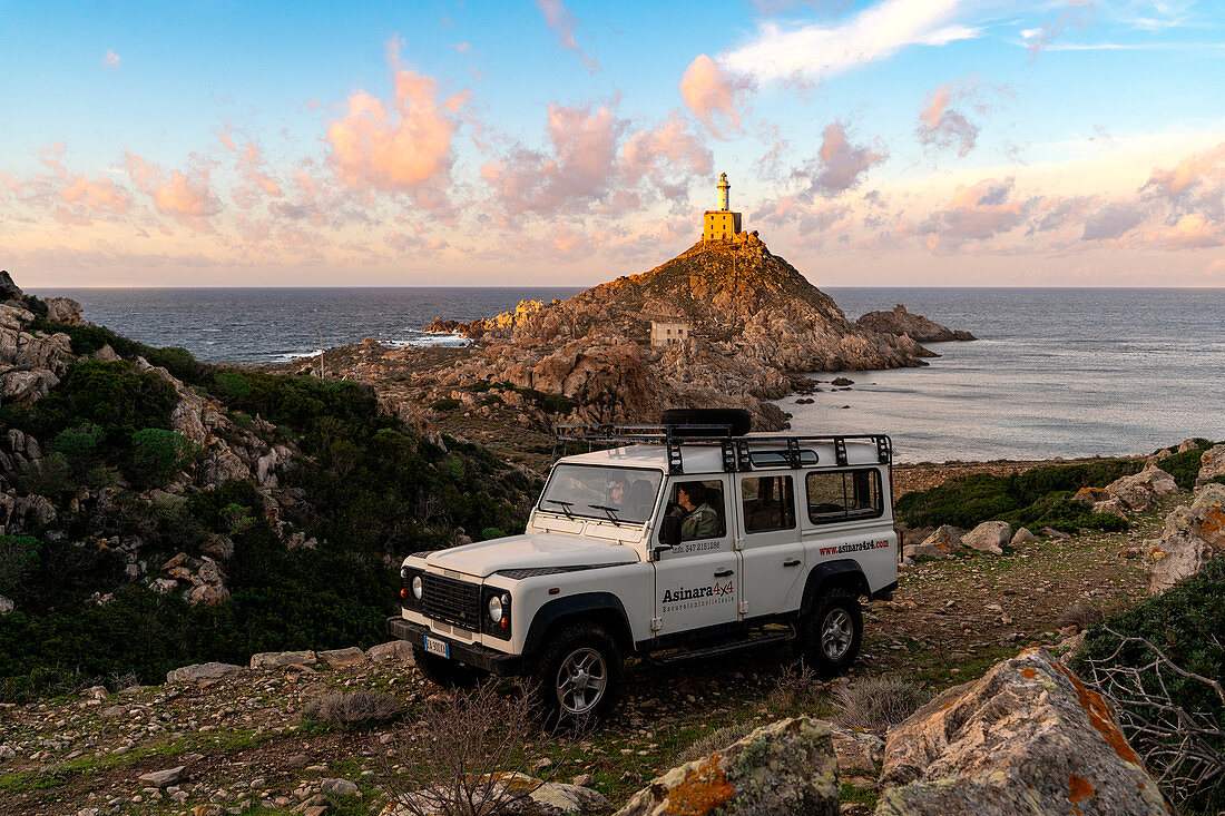 4x4 at the Punta Scorno lighthouse,National Park of Asinara Island,Porto Torres, Sassari province, Sardinia, Italy, Europe.