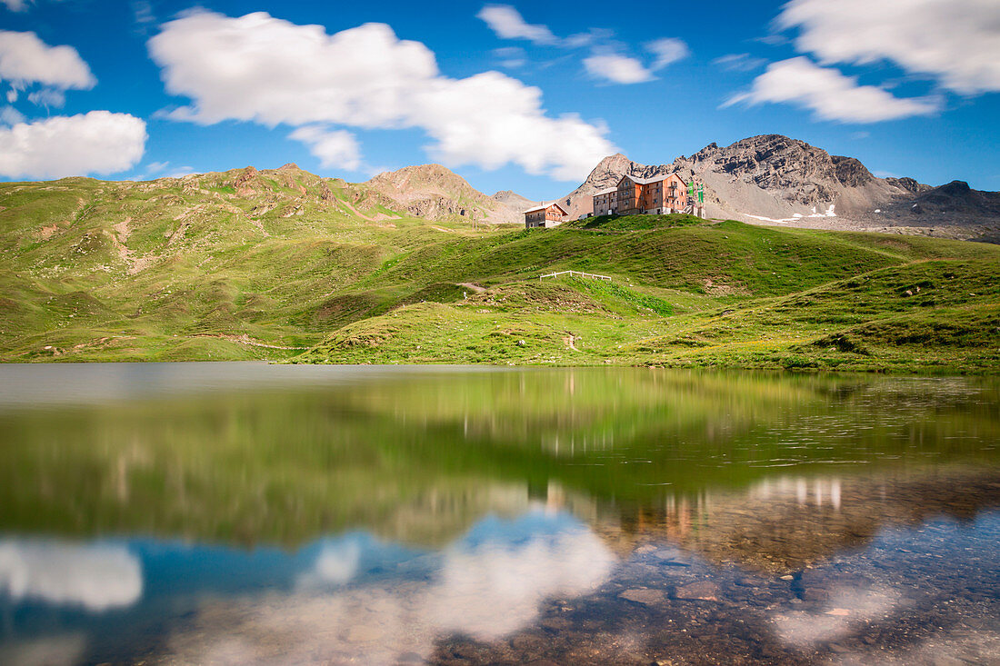 The Heilbronner Hütte Hut and Lakes Scheidseen at the border between Tirol and Vorarlberg, Gaschurn, Verwall, Vorarlberg, Austria, Europe 