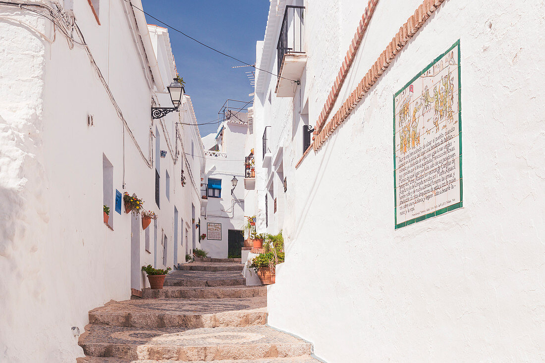 The typical narrow streets of the white village of Frigiliana, La Axarquia, Malaga province, Andalusia, Spain, Europe 