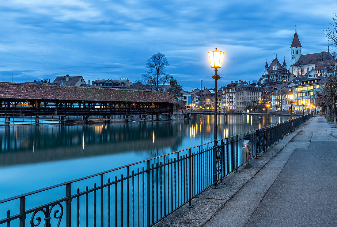 Dusk light along the river, Thun, Canton of Bern, Switzerland, Europe.