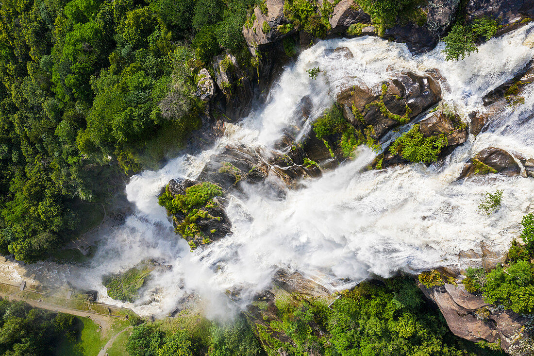 Aerial view of Acquafraggia Waterfall in spring. Valchiavenna, Valtellina, Lombardy, Italy, Europe.