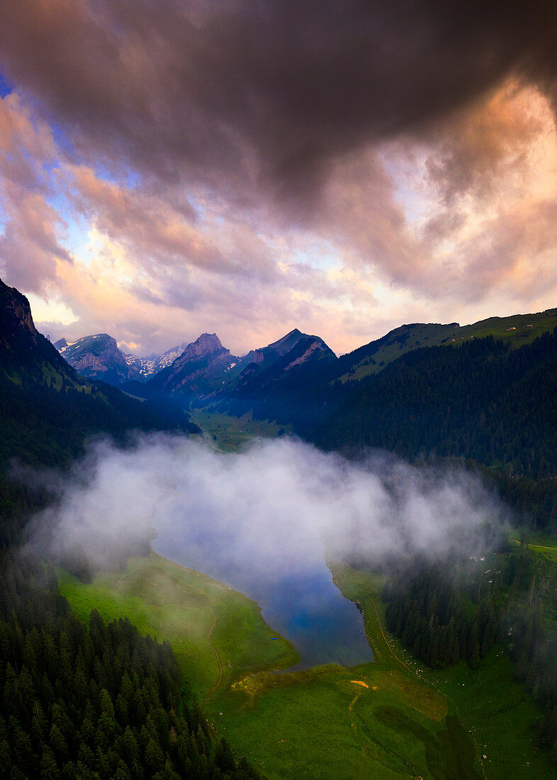 Aerial view of Samtisersee during foggy sunrise, Canton of Appenzell, Alpstein, Switzerland, Europe