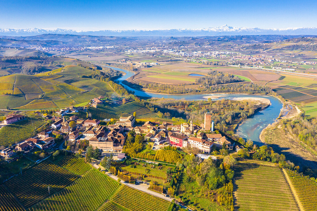 Aerial view of Barbaresco village with Tanaro river in the background. Barbaresco region, Piedmont, Italy, Europe.