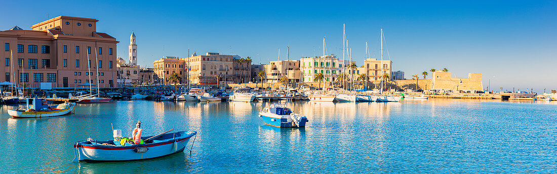Panoramic view of the touristic port of Bari Vecchia, Apulia, Italy, Europe.