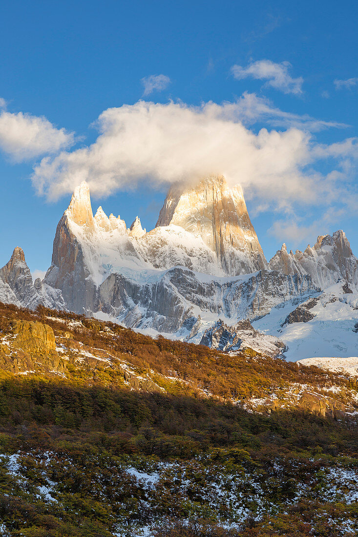 Argentinischer Teil von Patagonien, Provinz Santa Cruz, Nationalpark Los Glaciares, Cerro Fitz Roy bei Sonnenaufgang