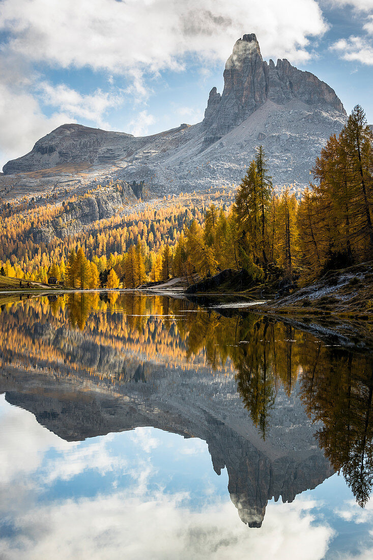 Italy,Veneto,Belluno district,Cortina d'Ampezzo,the reflections of Becco di Mezzodì and Rocchetta di Prendèra in Lake Federa