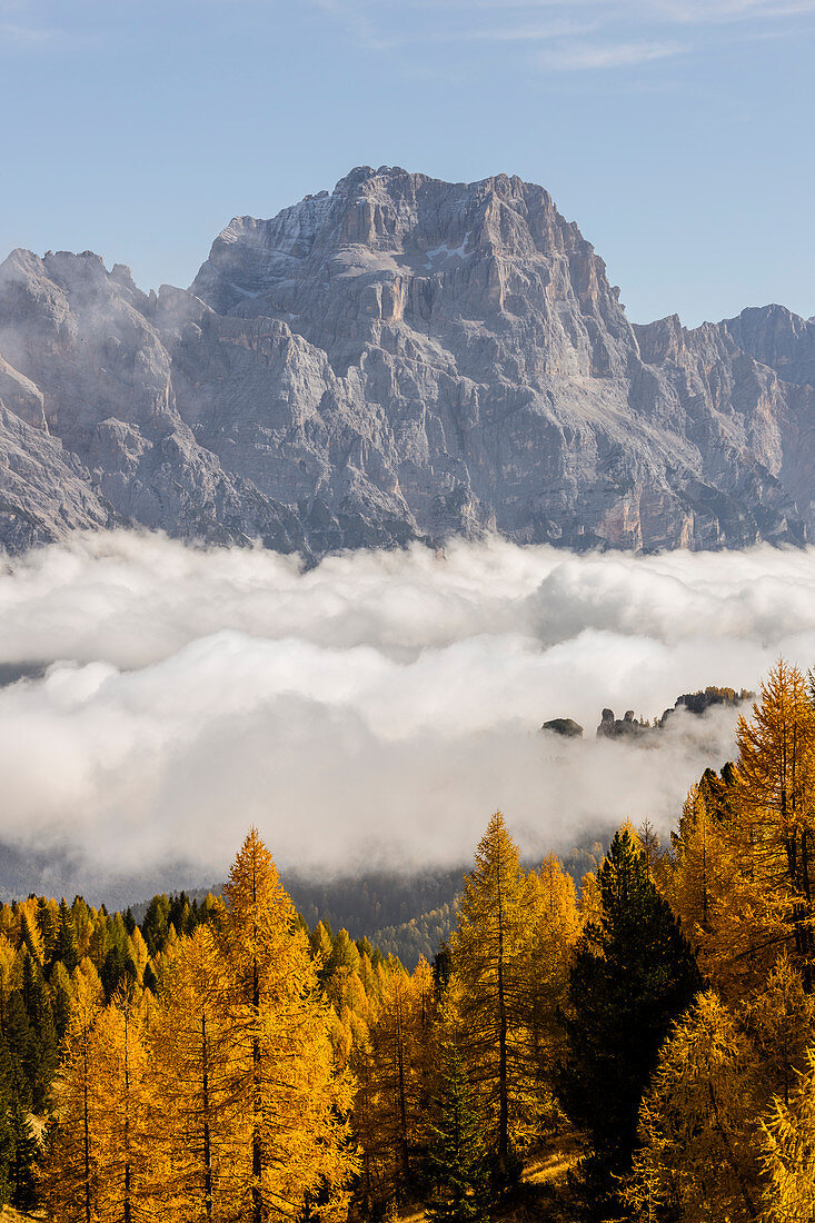 Italy,Veneto,Belluno district,the Boite valley covered by clouds with Mount Sorapis in the background