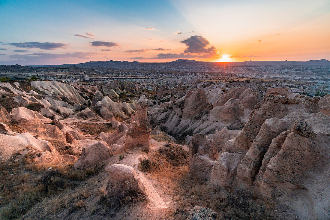 Landscape from the panoramic point of Red valley during sunset. Goreme, Capadocia, Kaisery district, Anatolia, Turkey.